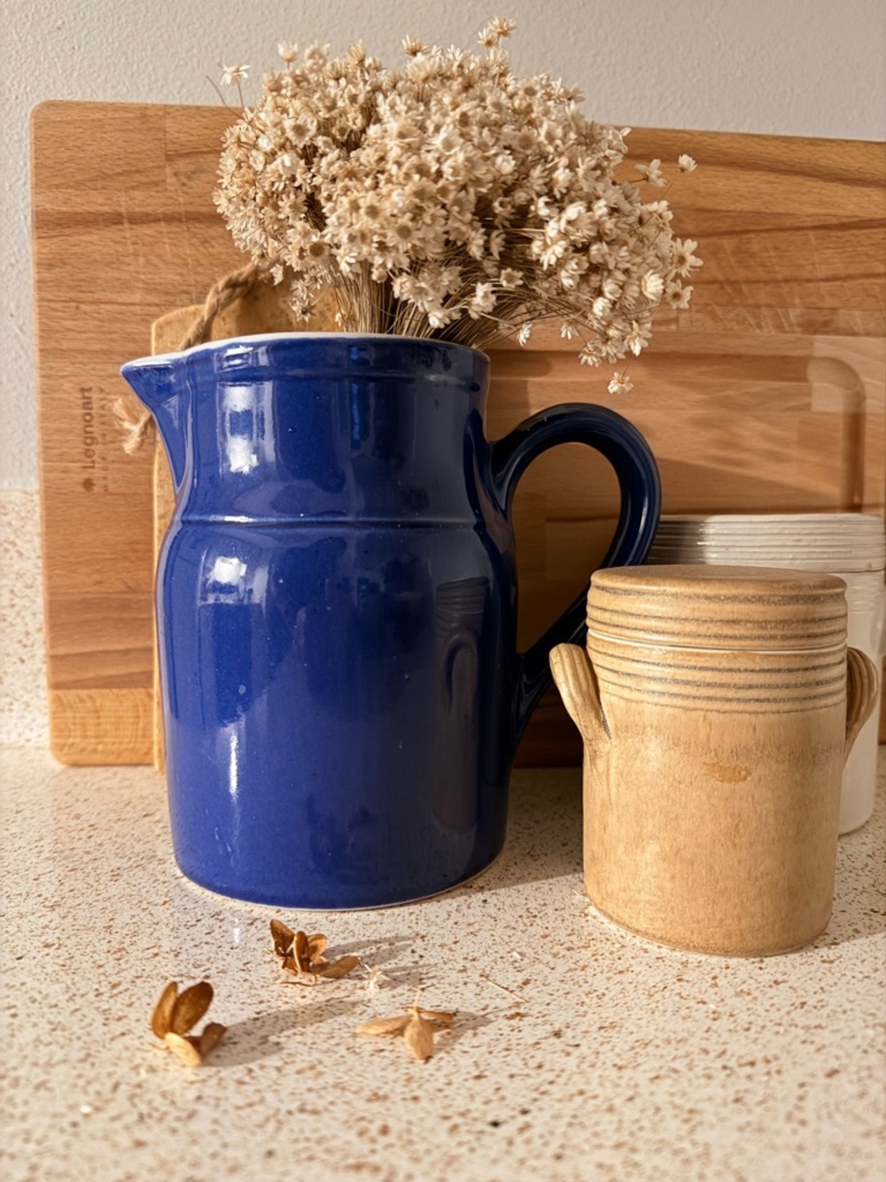 Digoin Grespots #2 Blue Stoneware French  Pitcher 6.75" Tall Vintage